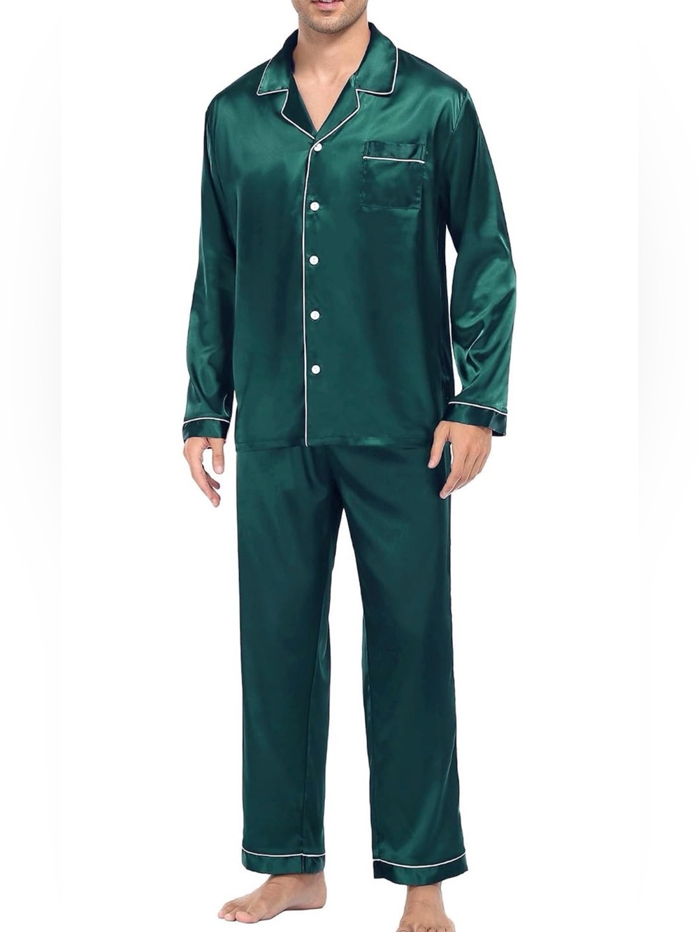 Amazon Men's Dark Green Satin Pajama Set with White Piping